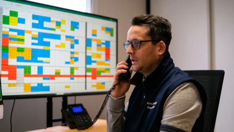 Conseiller Beaulaigue au téléphone devant le planning des déménagements
